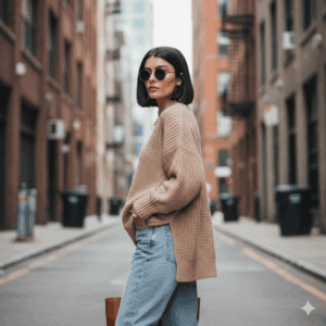 Pull femme et jean boy-freinds avec des lunette de soleil